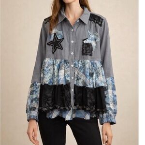 #140 POL DENIM PATCHWORK AND LACE SHACKET